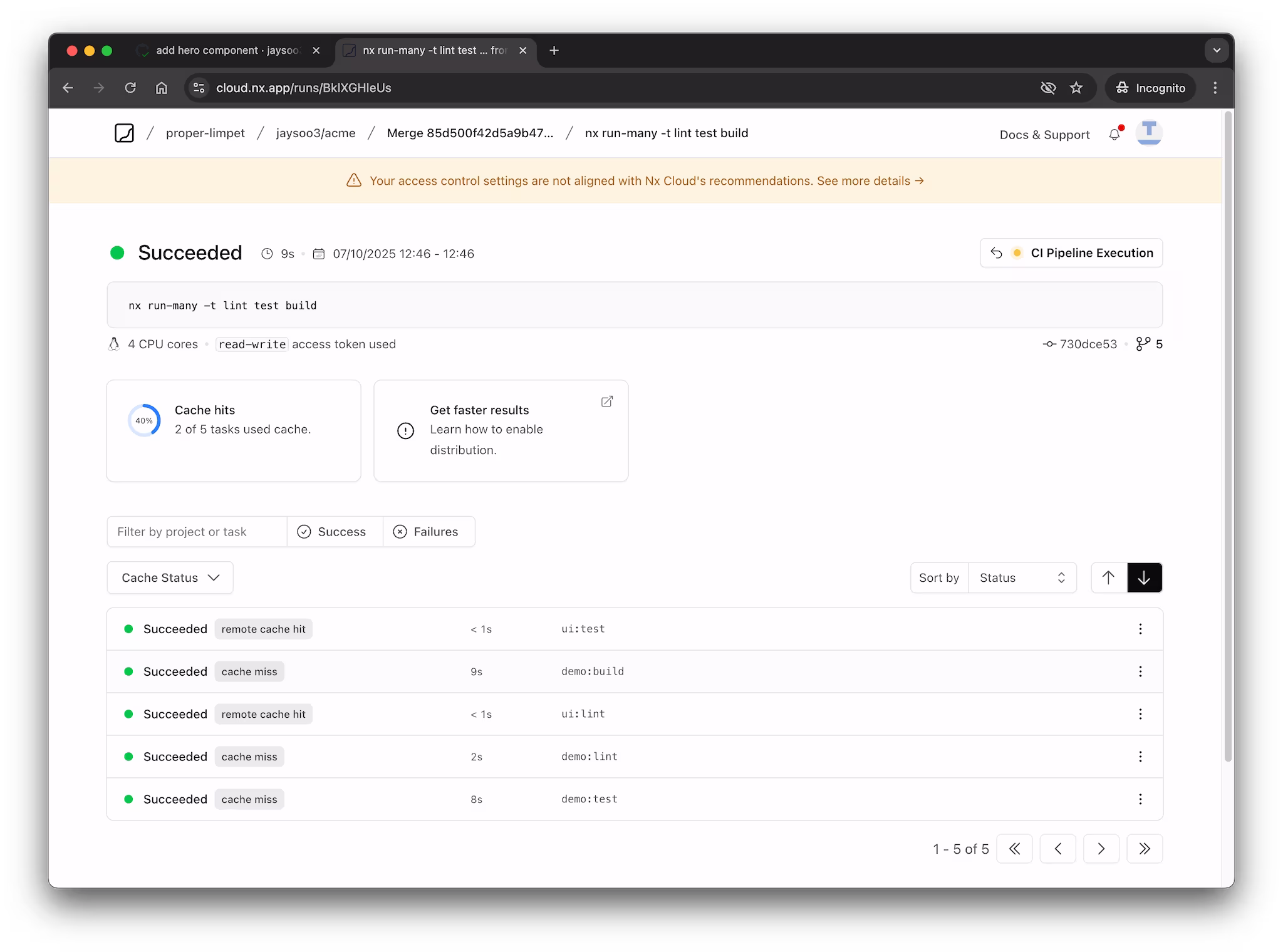 Nx Cloud run showing remote cache hits